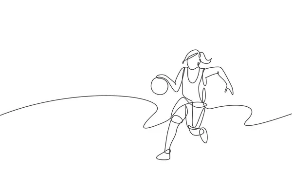 Eine Durchgehende Linienzeichnung Einer Jungen Gesunden Basketballerin Beim Dribbling Leistungssportkonzept — Stockvektor