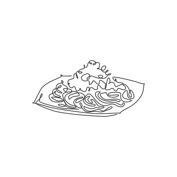 Enkele Continue Lijn Tekening Van Smakelijke Heerlijke Italiaanse Spaghetti Logo — Stockvector