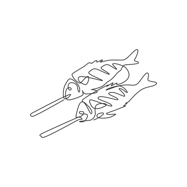 一个连续的线条画新鲜美味的烤鲤鱼餐厅标志 烤海鲜咖啡店标志模板概念 现代单行绘图设计图形矢量插图 — 图库矢量图片