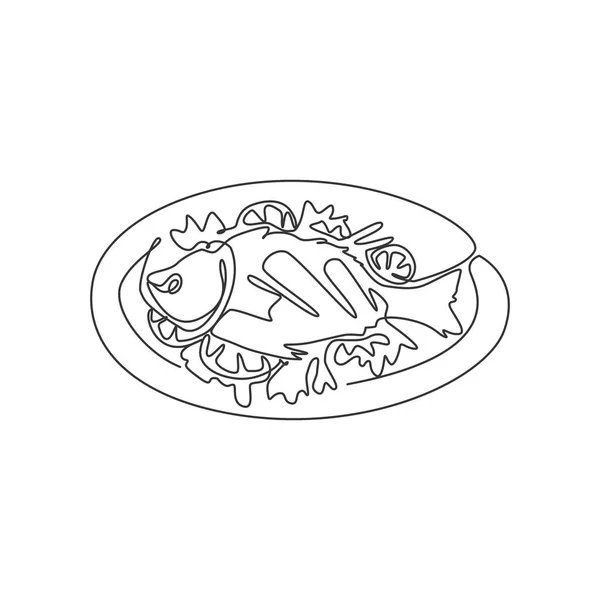 Una Línea Continua Dibujando Deliciosos Pescados Marinos Frescos Horno Emblema — Archivo Imágenes Vectoriales