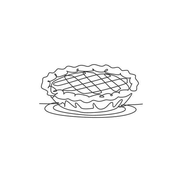 ケーキのロゴアートラベルのための様式化されたおいしいアップルパイの単一連続線画 ペイストリーショップのコンセプト モダンな1行は デザインベクトルグラフィックイラストケーキフードサービスを描く — ストックベクタ