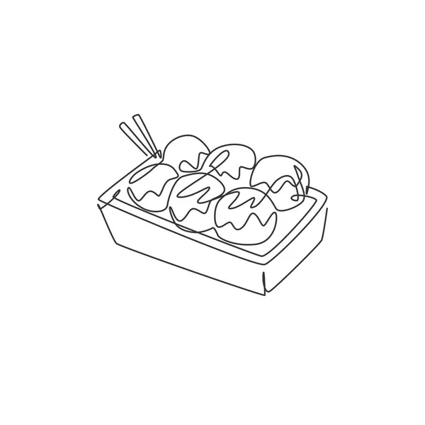 One Single Line Drawing Fresh Japanese Takoyaki Ball Logo Vector — Stock Vector