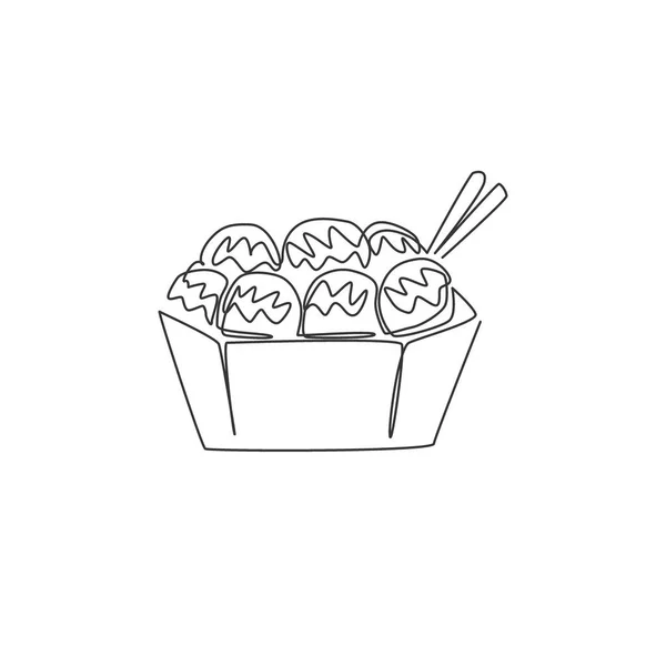 Dessin Ligne Continue Délicieux Emblème Restaurant Japonais Takoyaki Ball Modèle — Image vectorielle