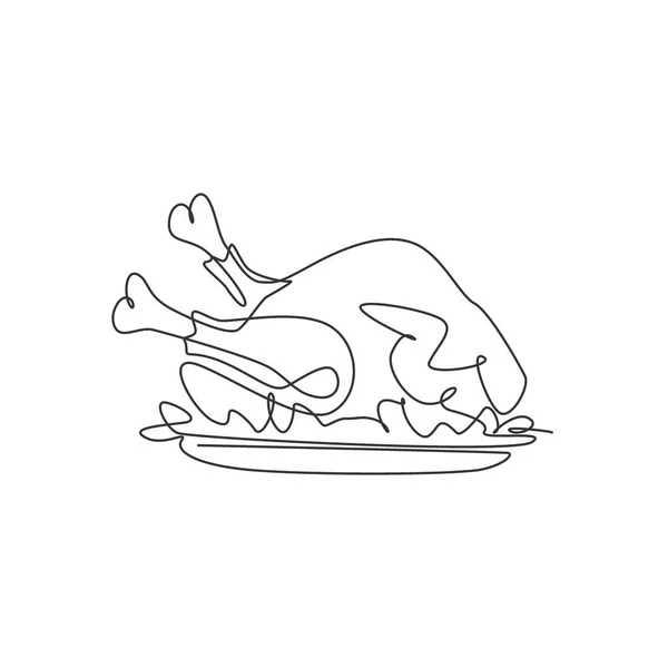 单行画新鲜美味的烤火火鸡肉图解 典型的节日庆祝活动食品菜单 现代连续线条绘图设计标志类型 — 图库矢量图片