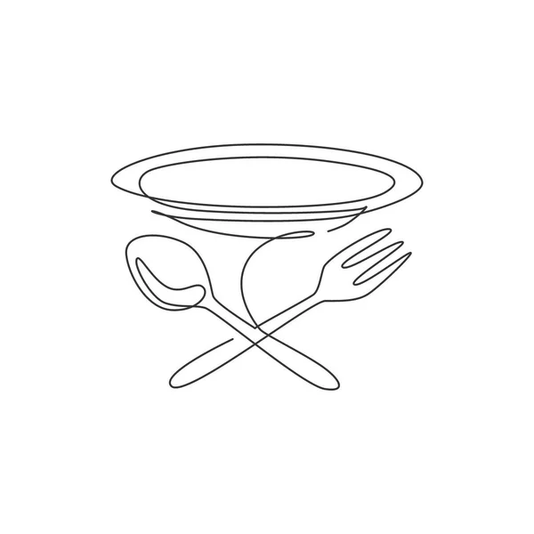 Single Continuous Line Drawing Stylized Plate Fork Spoon Cafe Logo — Stock Vector