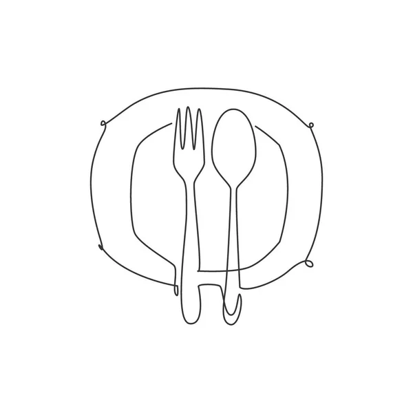 One Single Line Drawing Plate Fork Spoon Restaurant Logo Vector — Stock Vector
