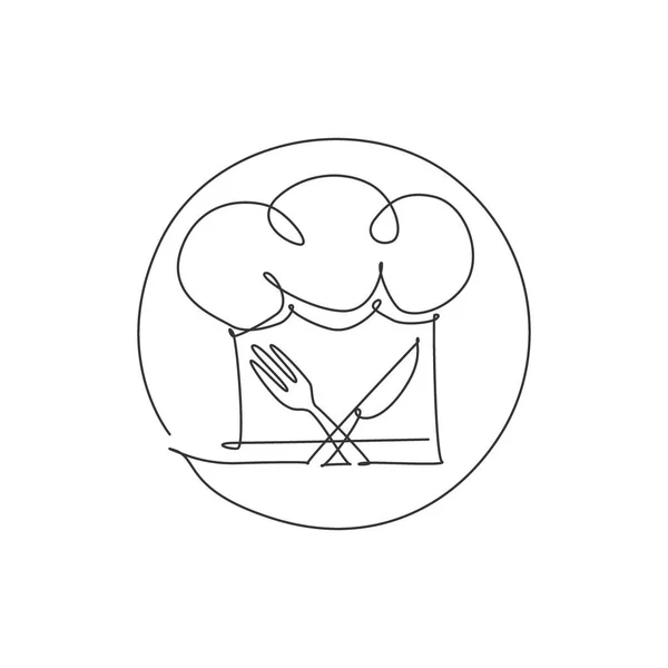 Eine Einzige Linienzeichnung Von Kochmütze Oder Kochmütze Mit Gabel Und — Stockvektor