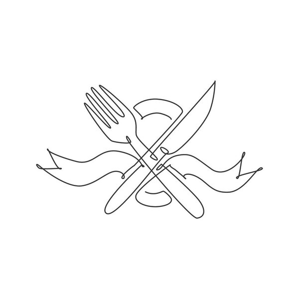 One continuous line drawing of knife and fork with ribbon for restaurant logo emblem. Luxury cafe shop logotype template concept. Modern single line draw design graphic vector illustration