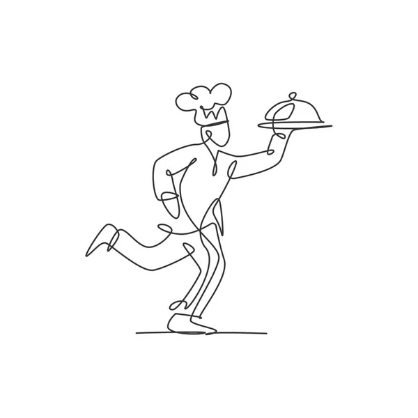 Jeden Rysunek Młodego Człowieka Biegnącego Kloszem Pokrywy Tacki Logo Dostawcy — Wektor stockowy