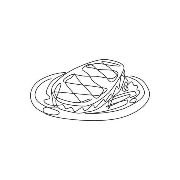 プレートロゴベクトルアートイラストに新鮮なおいしいリブアイステーキの1本の線画 ステーキレストランバッジのコンセプト 現代の連続線グラフィック描画デザイン — ストックベクタ