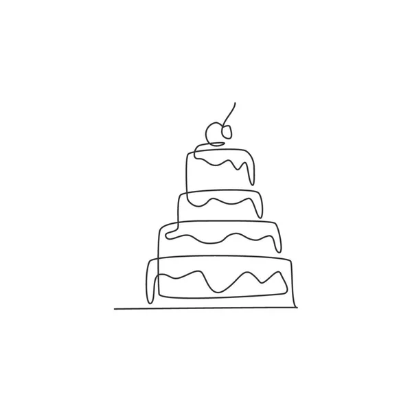 Single Continuous Line Drawing Stylized Pilled Anniversary Cake Cherry Fruit — Stock Vector