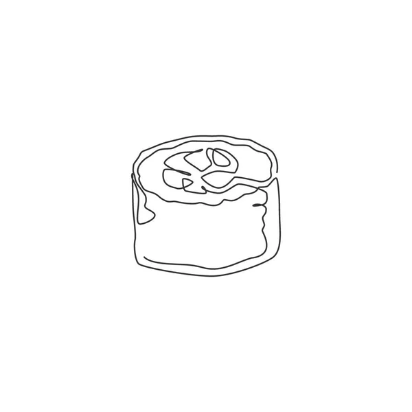 様式化された日本の巻き寿司バーのロゴラベルの単連続線画 シーフードレストランのコンセプトを象徴する 現代的な1行は お店や食品配達サービスのための設計ベクトル図を描く — ストックベクタ