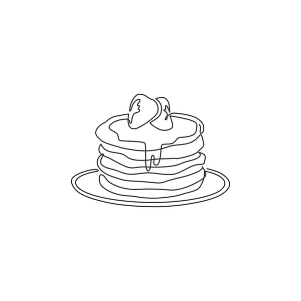 Una Sola Línea Dibujo Fresco Delicioso American Pancake Shop Logo — Vector de stock