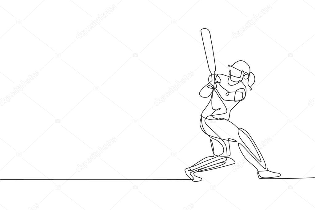 One continuous line drawing of young woman cricket player focus practice to swing cricket bat vector illustration. Competitive sport concept. Dynamic single line draw design for advertisement poster