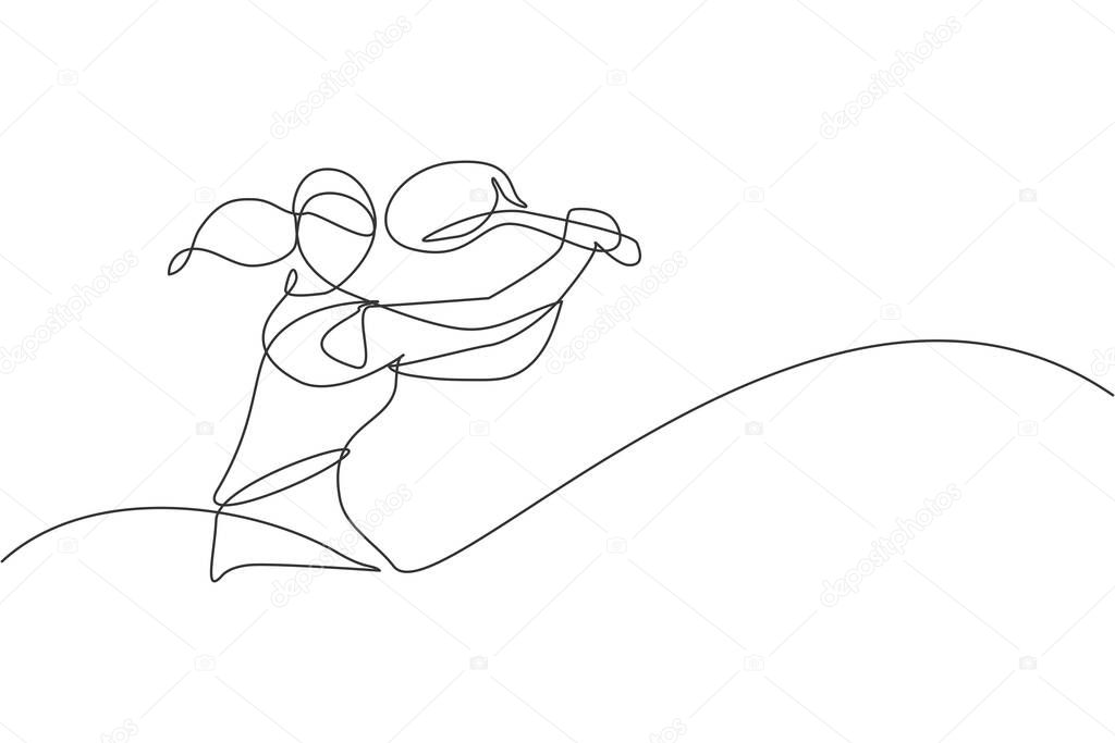 One continuous line drawing of young happy female tennis player hit the ball. Competitive sport concept. Dynamic single line draw design vector illustration graphic for tournament promotion poster
