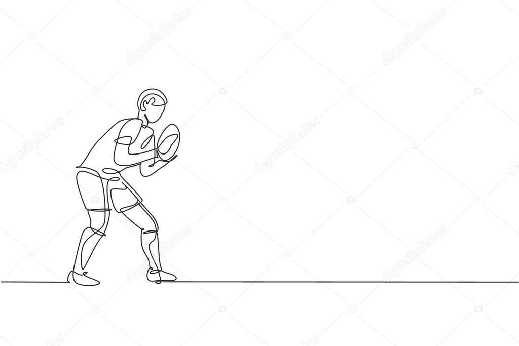 One continuous line drawing of young man rugby player catch the ball at match. Competitive aggressive sport concept. Dynamic single line draw design vector illustration for tournament promotion media