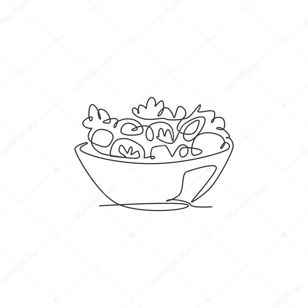 Single continuous line drawing of stylized vegetables salad on bowl logo label. Healthy food restaurant concept. Modern one line draw design vector illustration for cafe, shop or food delivery service
