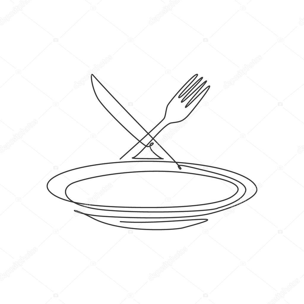 Single continuous line drawing of stylized empty plate fork and knife logo label. Luxury restaurant emblem art concept. Modern one line draw design vector graphic illustration for cafe shop