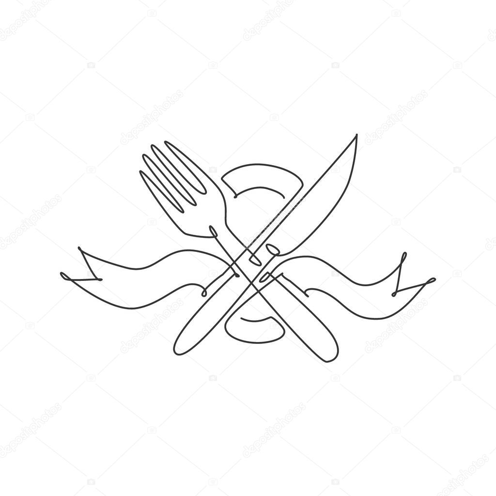 One continuous line drawing of knife and fork with ribbon for restaurant logo emblem. Luxury cafe shop logotype template concept. Modern single line draw design graphic vector illustration