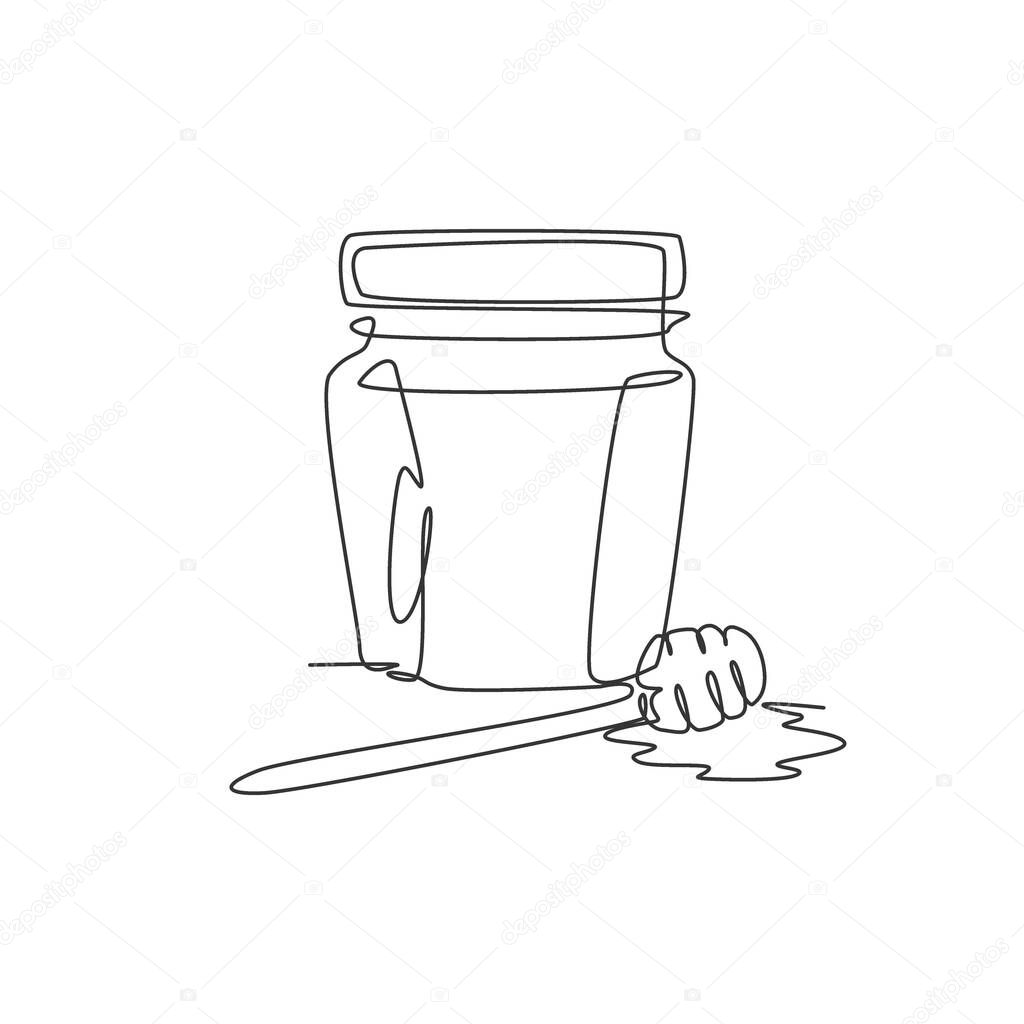 Single continuous line drawing of stylized sweet honey on glass jar with wooden dipper icon. Healthy organic supplement concept. Modern one line draw design vector illustration for natural food store 