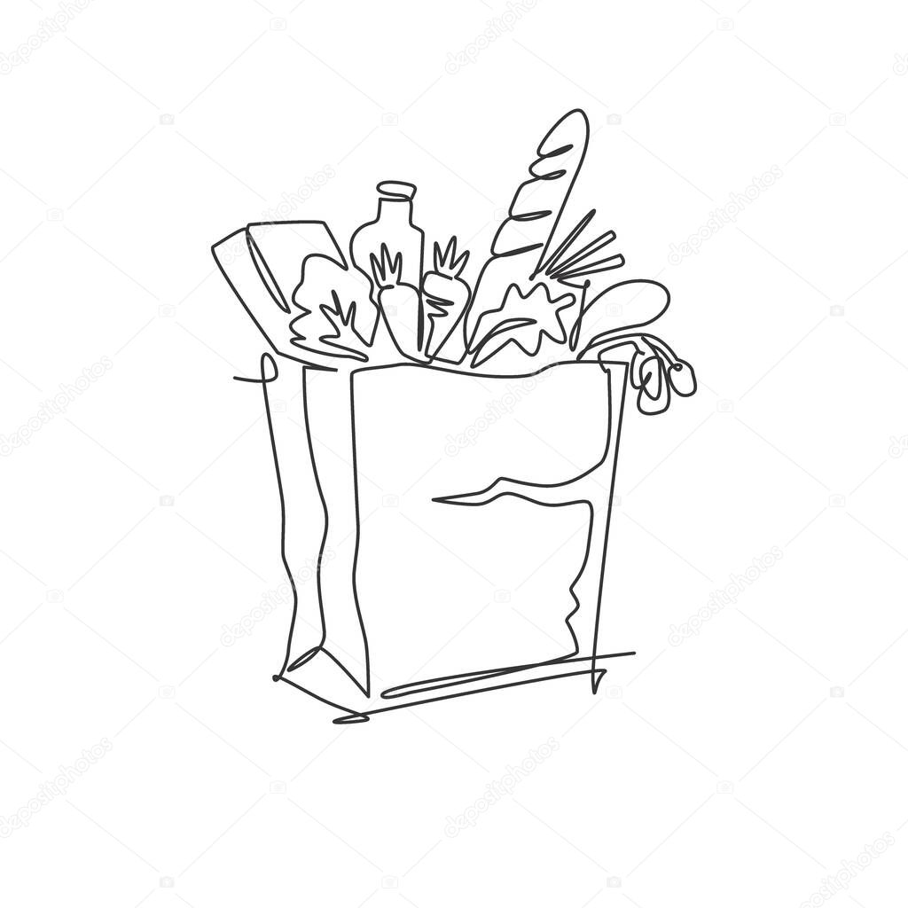One continuous line drawing of fresh delicious vegetables, milk, baguette, and bread inside paper grocery bag. Staple food concept. Modern single line draw design vector graphic illustration