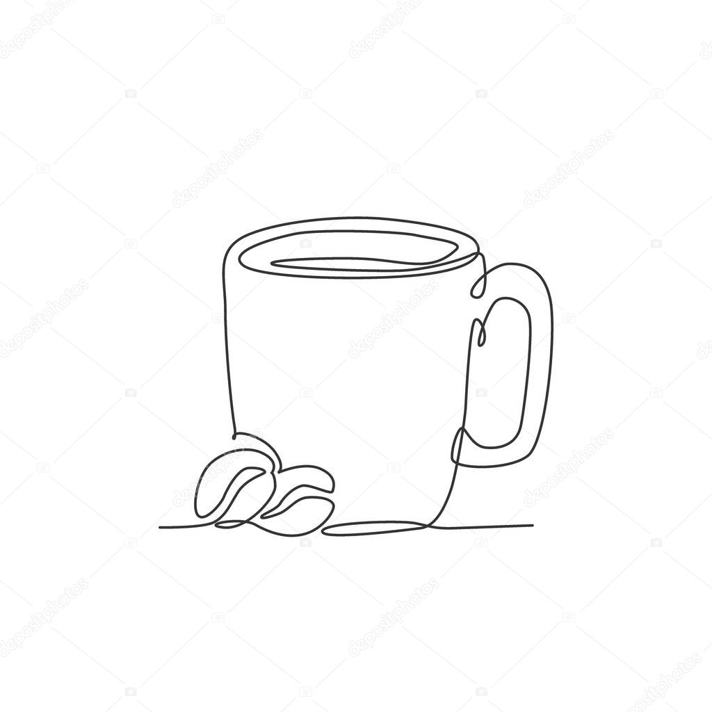 Single continuous line drawing of stylized mug of cappuccino coffee logo label. Emblem coffee shop concept. Modern one line draw design vector illustration for cafe, shop or drink delivery service