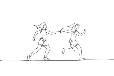 Genç sporcu kadınların koşu yarışında copu uzattığı kesintisiz bir çizgi. Sağlıklı yaşam tarzı ve eğlenceli koşu sporu konsepti. Dinamik tek çizgi tasarım vektörü grafik çizimi