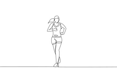 Koşu pistinde koşan genç ve mutlu bir koşucunun çizdiği tek çizgi. Eğlenceli spor koşusu ve sağlıklı yaşam tarzı konsepti. Bir satır tasarım vektörü çizimi grafiği