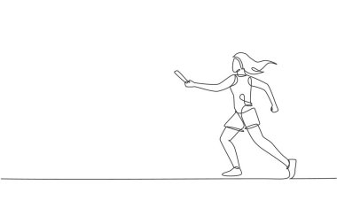 Genç sporcu bir kadının sürekli çizdiği bir çizgi takım arkadaşına cop çubuğu uzatmaya çalışıyor. Sağlıklı yaşam tarzı ve eğlenceli koşu sporu konsepti. Dinamik tek çizgi çizimi tasarım vektörü illüstrasyonu