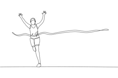 Genç sporcu koşucunun aralıksız çizdiği bir çizgi bitiş çizgisini geçiyor. Sağlık aktivitesi spor konsepti. Etkinlik tanıtım posteri için dinamik tek çizgi çizimi tasarım vektör çizimi çizimi