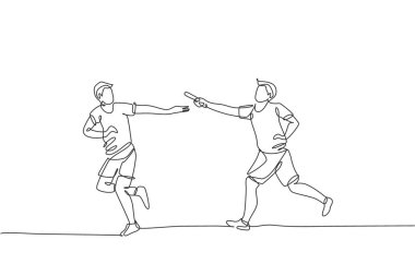Genç ve mutlu koşucuyu çeken tek bir çizgi, yarış vektör çiziminde sopayı takım arkadaşına uzatır. Sağlıklı yaşam tarzı ve rekabetçi spor anlayışı. Modern sürekli çizgi çizimi tasarımı