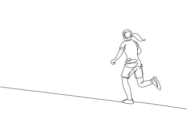 Genç çevik kadın koşucunun tek sıra çizimi boş zamanı doldurmak için rahatla. Sağlıklı spor hareketi konsepti. Yarış promosyonu için bir satır tasarım vektör çizimi çizimi