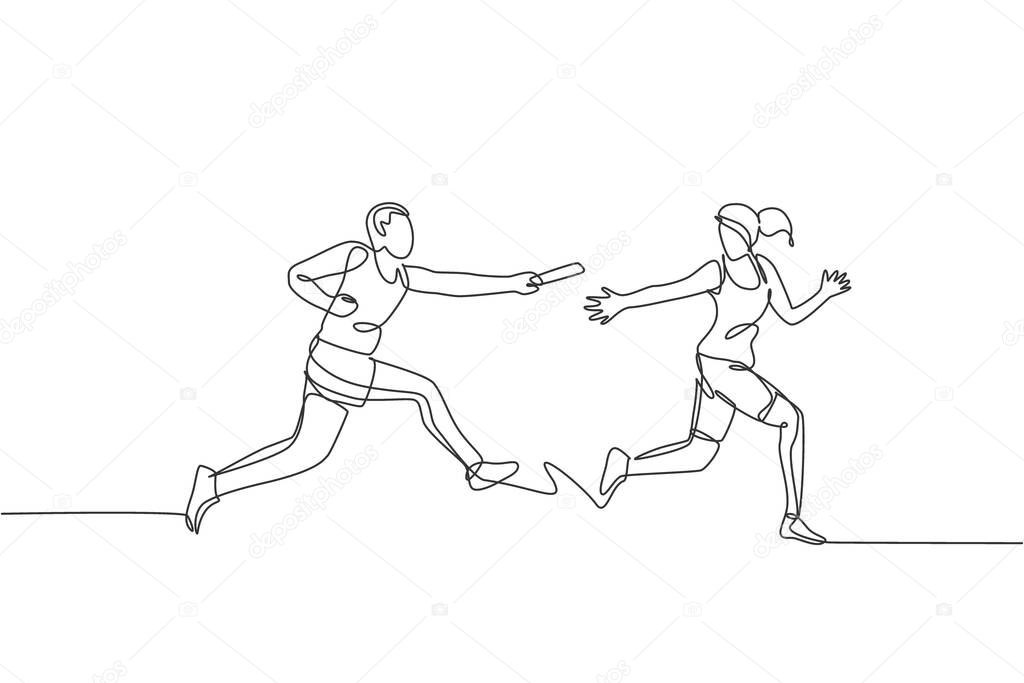 One continuous line drawing of young sporty runner man pass baton stick to his team mate. Healthy lifestyle and fun jogging sport concept. Dynamic single line draw design graphic vector illustration