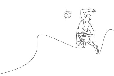 Genç profesyonel voleybol oyuncusunun sahada zıplayarak ezdiği bir çizgi. Sağlıklı rekabetçi takım spor konsepti. Dinamik tek çizgi çizimi tasarım vektörü illüstrasyonu