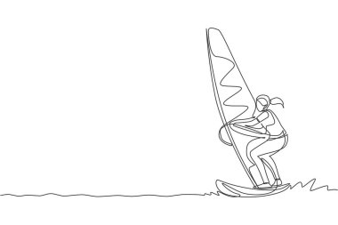 Genç ve sportif bir kadının çizdiği tek bir çizim deniz kıyısı çiziminde rüzgar sörfü yapıyor. Sağlıklı yaşam tarzı ve ekstrem spor anlayışı. Yaz tatili. Modern sürekli çizgi çizimi tasarımı
