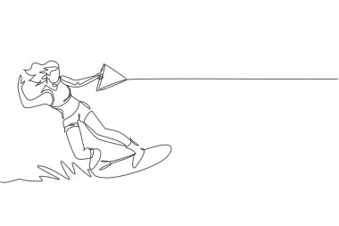 Genç ve enerjik bir kadının sürekli çizdiği çizgiler deniz okyanusunda wakeboard oynarken eğleniyor. Sağlıklı yaşam tarzı spor konsepti. Turist tatilin kutlu olsun. Dinamik tek çizgi çizimi tasarım vektörü illüstrasyonu