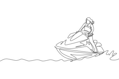 Genç, sportif bir kadının deniz sahili vektör çiziminde jet ski oynadığı tek bir çizim. Sağlıklı yaşam tarzı ve ekstrem spor anlayışı. Yaz tatili. Modern sürekli çizgi çizimi tasarımı