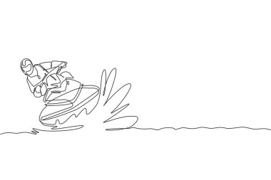 Single continuous line drawing of young sporty tourist man fun playing jet ski in the sea. Extreme dangerous sea sport concept. Summer holiday vacation. Trendy one line draw design vector illustration clipart