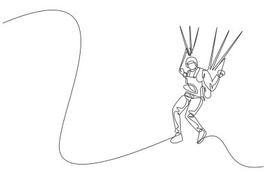 Paraşütle paraşüt kullanarak gökyüzünde uçan genç cesur adamın sürekli çizdiği bir çizgi. Açık hava tehlikeli ekstrem spor konsepti. Dinamik tek çizgi tasarım grafik vektör çizimi