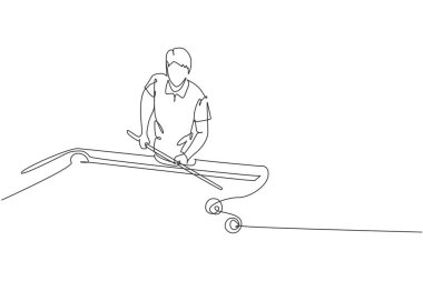 Bilardo odasında bilardo oynayan yakışıklı bir adamın çizdiği tek çizgi. Kapalı alan sporu oyun konsepti. Modern sürekli çizgi çizimi tasarımı