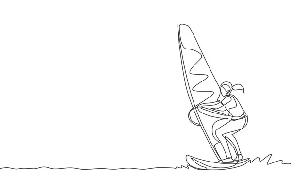 Una Sola Línea Dibujo Joven Deportista Jugar Windsurf Mar Playa — Archivo Imágenes Vectoriales