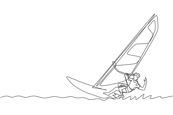 Один Сплошной Рисунок Линии Молодого Спортсмена Играющего Виндсерфинг Море Экстремально — стоковый вектор