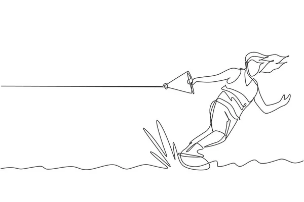 Одна Линия Рисунка Молодого Спортсмена Играет Вейкбординг Векторной Иллюстрации Морского — стоковый вектор