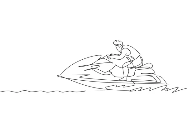 一个年轻精力充沛的男人不断地画线条 在海里玩喷气式滑翔机 健康的生活方式体育概念 旅途愉快 动态单行绘图设计矢量说明 — 图库矢量图片
