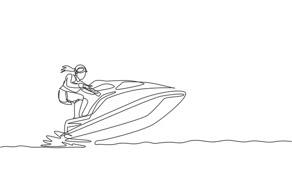 Una Sola Linea Disegno Giovane Sportivo Giocare Jet Ski Nel — Vettoriale Stock