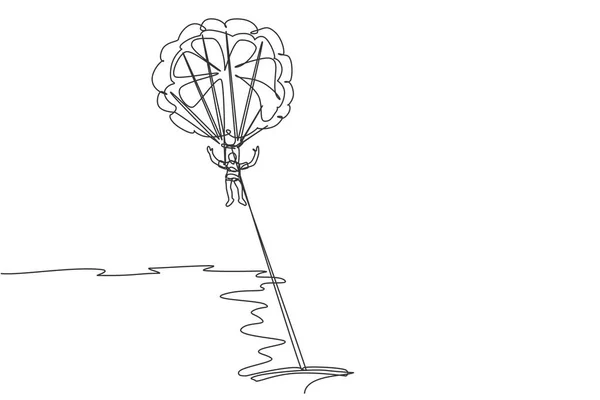 Una Sola Línea Dibujo Joven Deportista Volando Con Paracaídas Paracaídas — Vector de stock