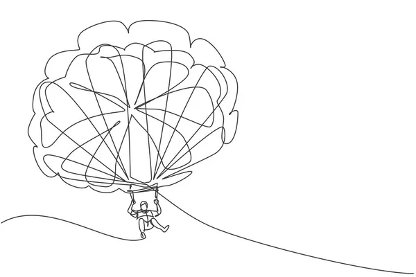 Single Continuous Line Drawing Young Tourist Man Flying Parasailing Parachute — Stock Vector