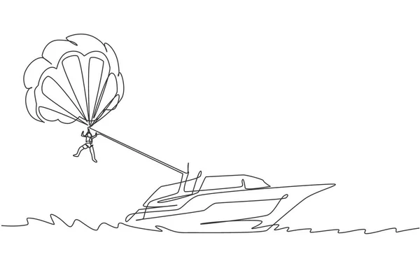 Single Continuous Line Drawing Young Tourist Flying Parasailing Parachute Sky — Stock Vector