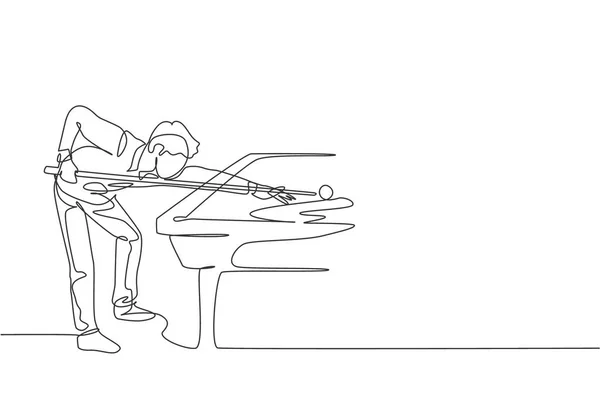 年轻英俊的职业运动员在酒吧台球室打台球的单行连续线条绘图 室内体育运动的概念 趋势单行绘图设计矢量插图 — 图库矢量图片