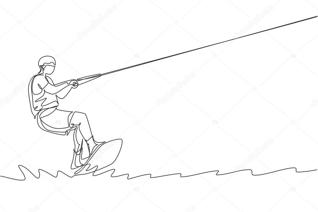 Single continuous line drawing of young sporty surfer man playing - in the sea. Extreme dangerous sea sport concept. Summer holiday vacation. Trendy one line draw design vector graphic illustration